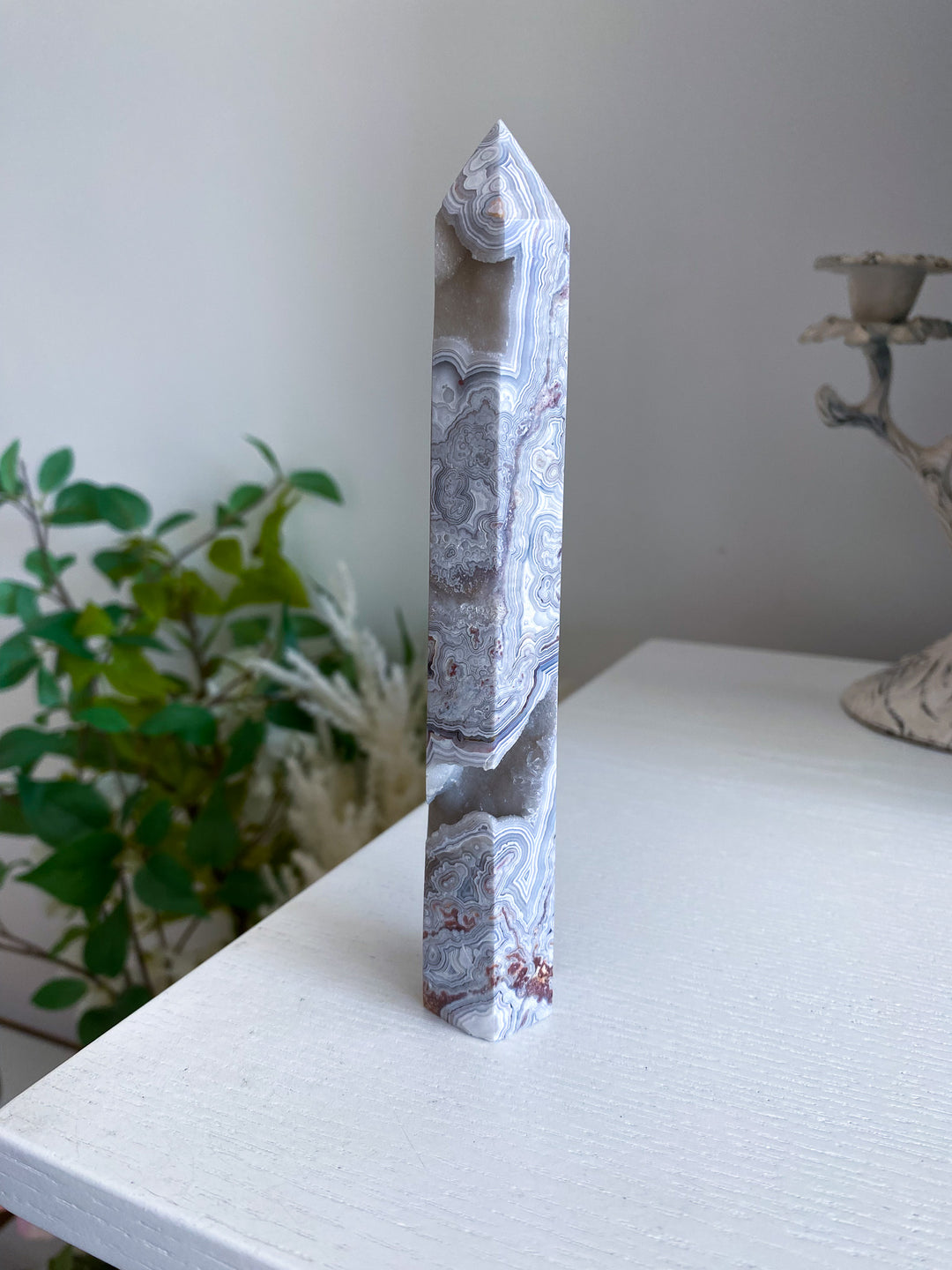 Drusy White Crazy Lace Agate Tower 6" 