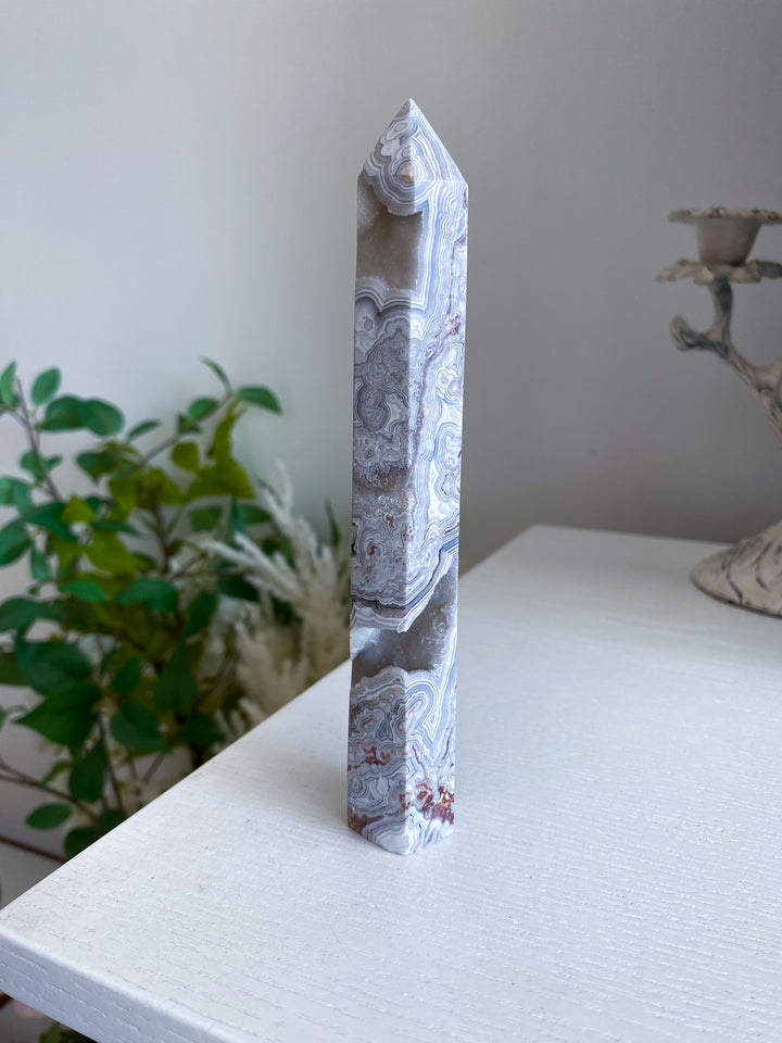 Drusy White Crazy Lace Agate Tower 6" 
