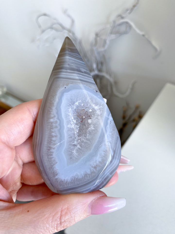 Flame Shape Druzy Grey Agate Geode #1