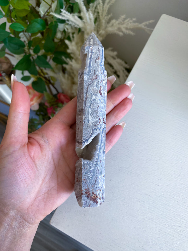 Drusy White Crazy Lace Agate Tower 6" 