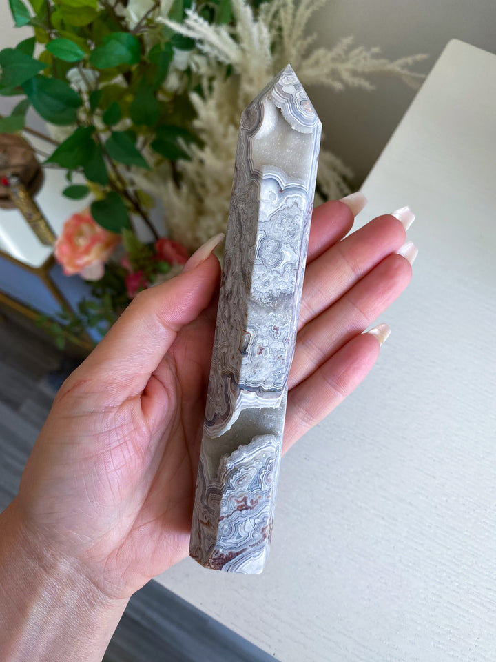 Drusy White Crazy Lace Agate Tower 6" 