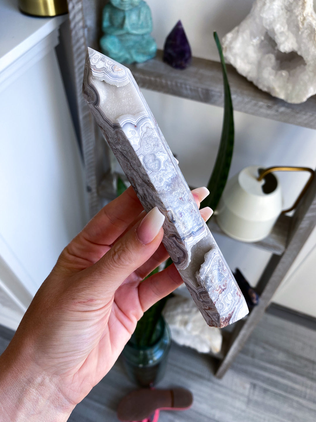 Drusy White Crazy Lace Agate Tower 6" 