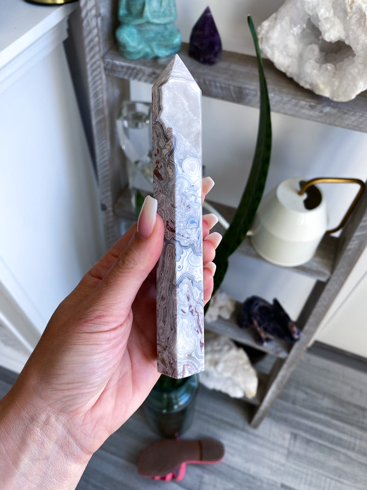 Drusy White Crazy Lace Agate Tower 6" 