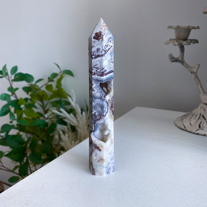 Mexican Crazy Lace Agate Tower 6" w/ Drusy Window 