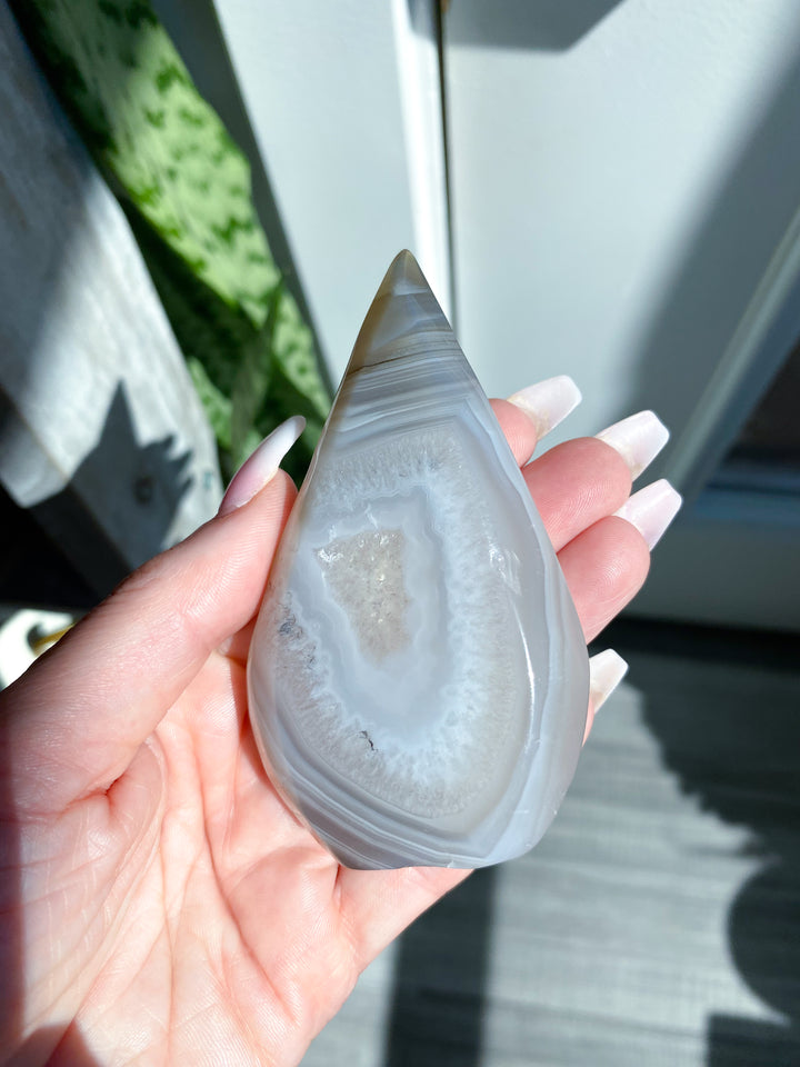 Flame Shape Druzy Grey Agate Geode #1