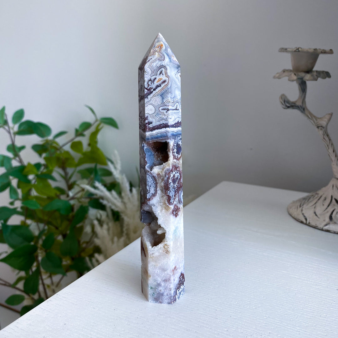 Mexican Crazy Lace Agate Tower 6" w/ Drusy Window 