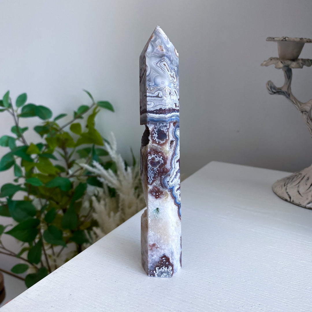 Mexican Crazy Lace Agate Tower 6" w/ Drusy Window 