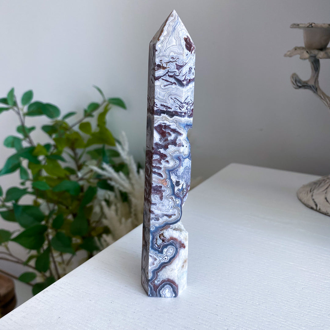 Mexican Crazy Lace Agate Tower 6" w/ Drusy Window 
