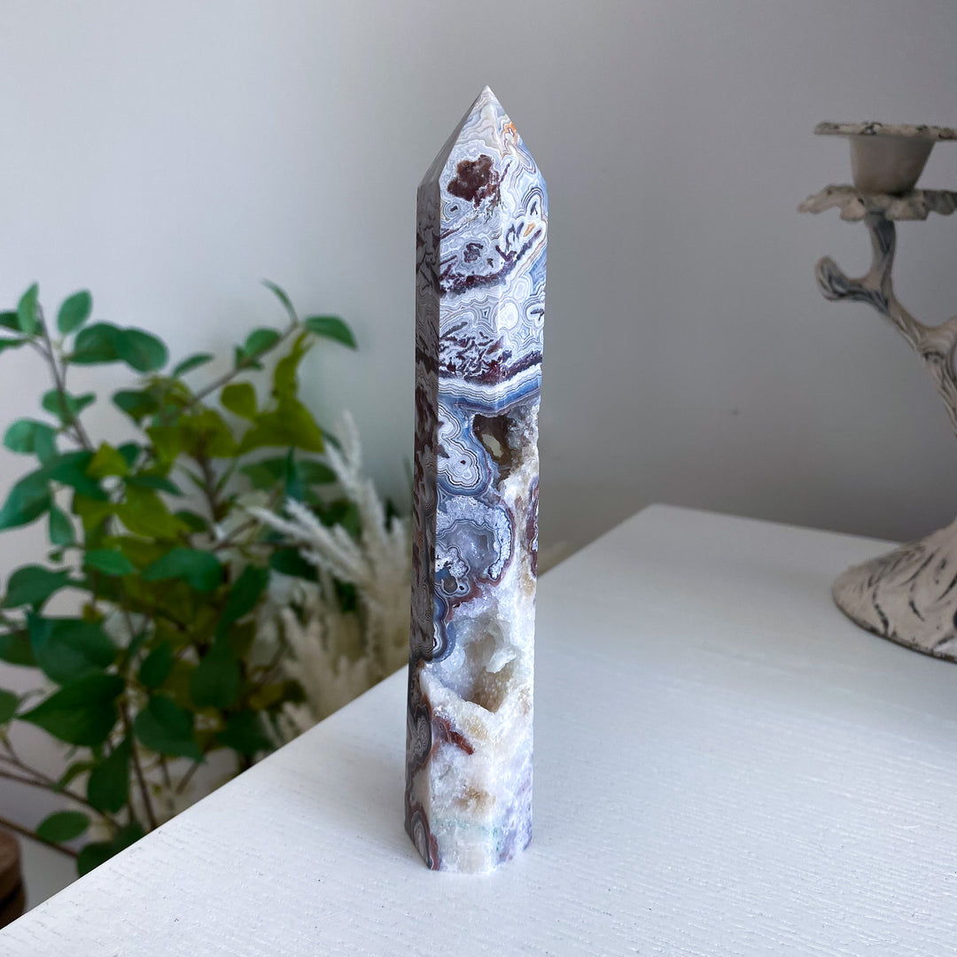 Mexican Crazy Lace Agate Tower 6" w/ Drusy Window 