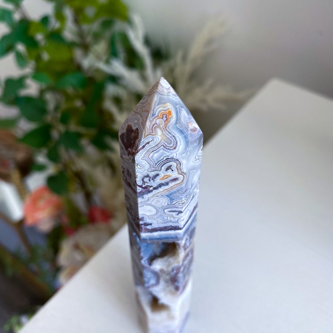 Mexican Crazy Lace Agate Tower 6" w/ Drusy Window 