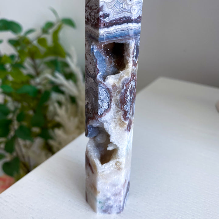 Mexican Crazy Lace Agate Tower 6" w/ Drusy Window 