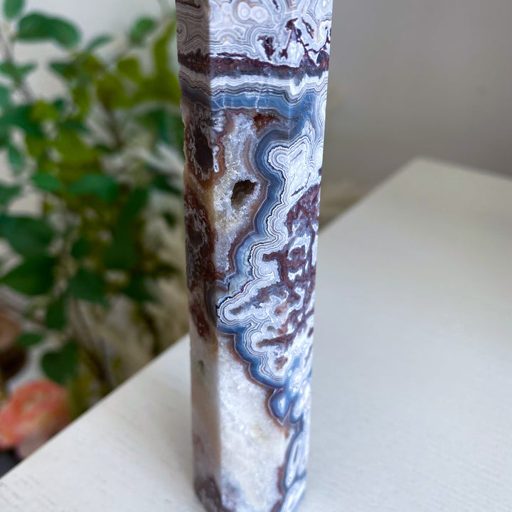 Mexican Crazy Lace Agate Tower 6" w/ Drusy Window 