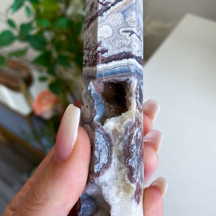 Mexican Crazy Lace Agate Tower 6" w/ Drusy Window 