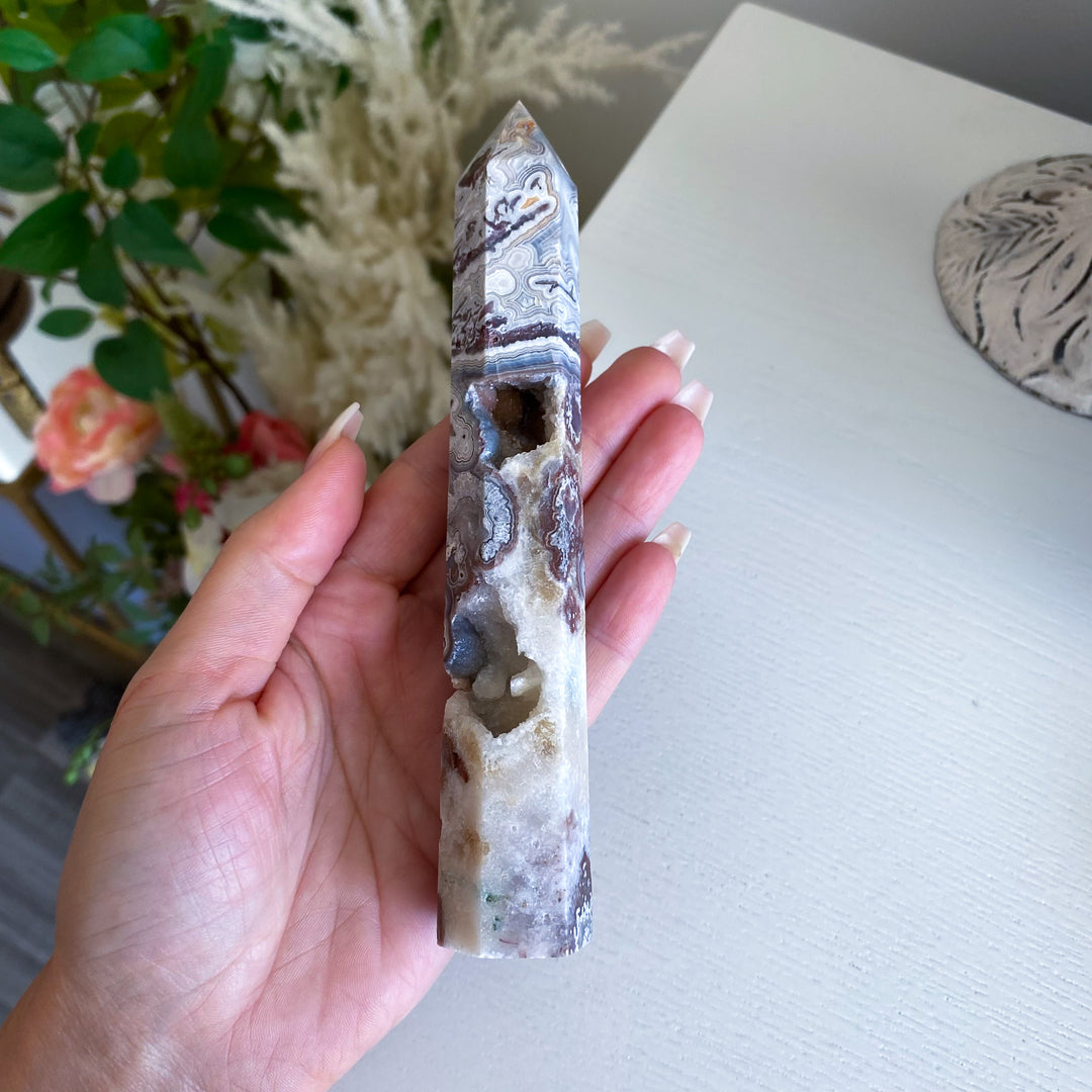 Mexican Crazy Lace Agate Tower 6" w/ Drusy Window 