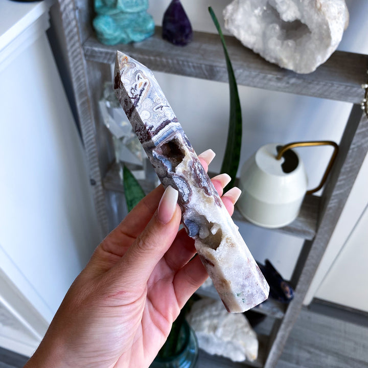 Mexican Crazy Lace Agate Tower 6" w/ Drusy Window 