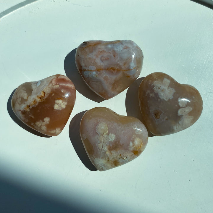 SET: Four Flower Agate Heart Carvings