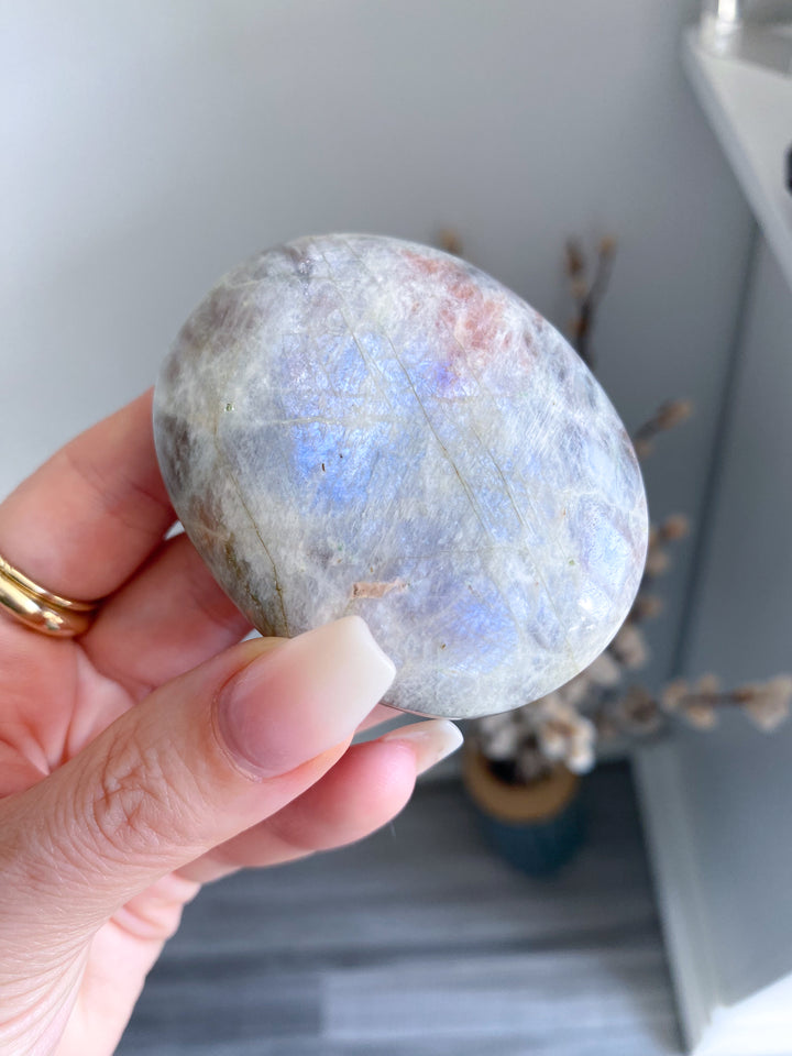 Blue Flash Moonstone with Sunstone Palm Stone #3
