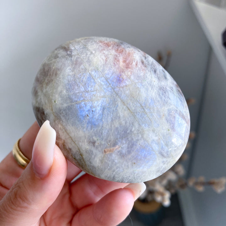 Blue Flash Moonstone with Sunstone Palm Stone #3
