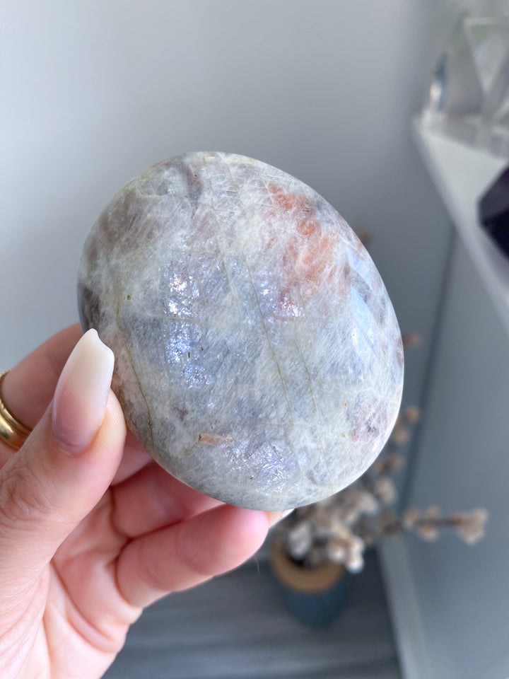 Blue Flash Moonstone with Sunstone Palm Stone #3