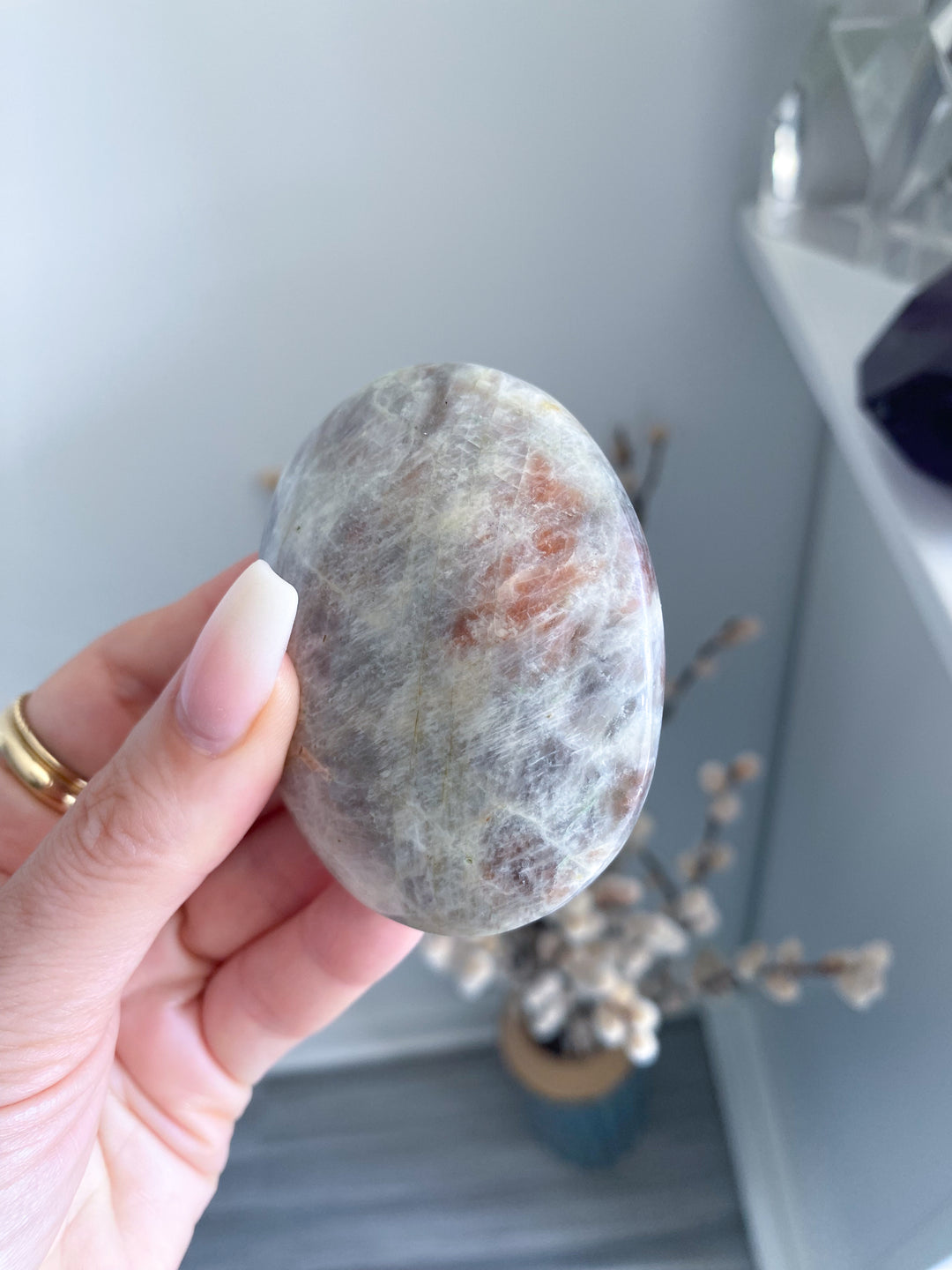 Blue Flash Moonstone with Sunstone Palm Stone #3