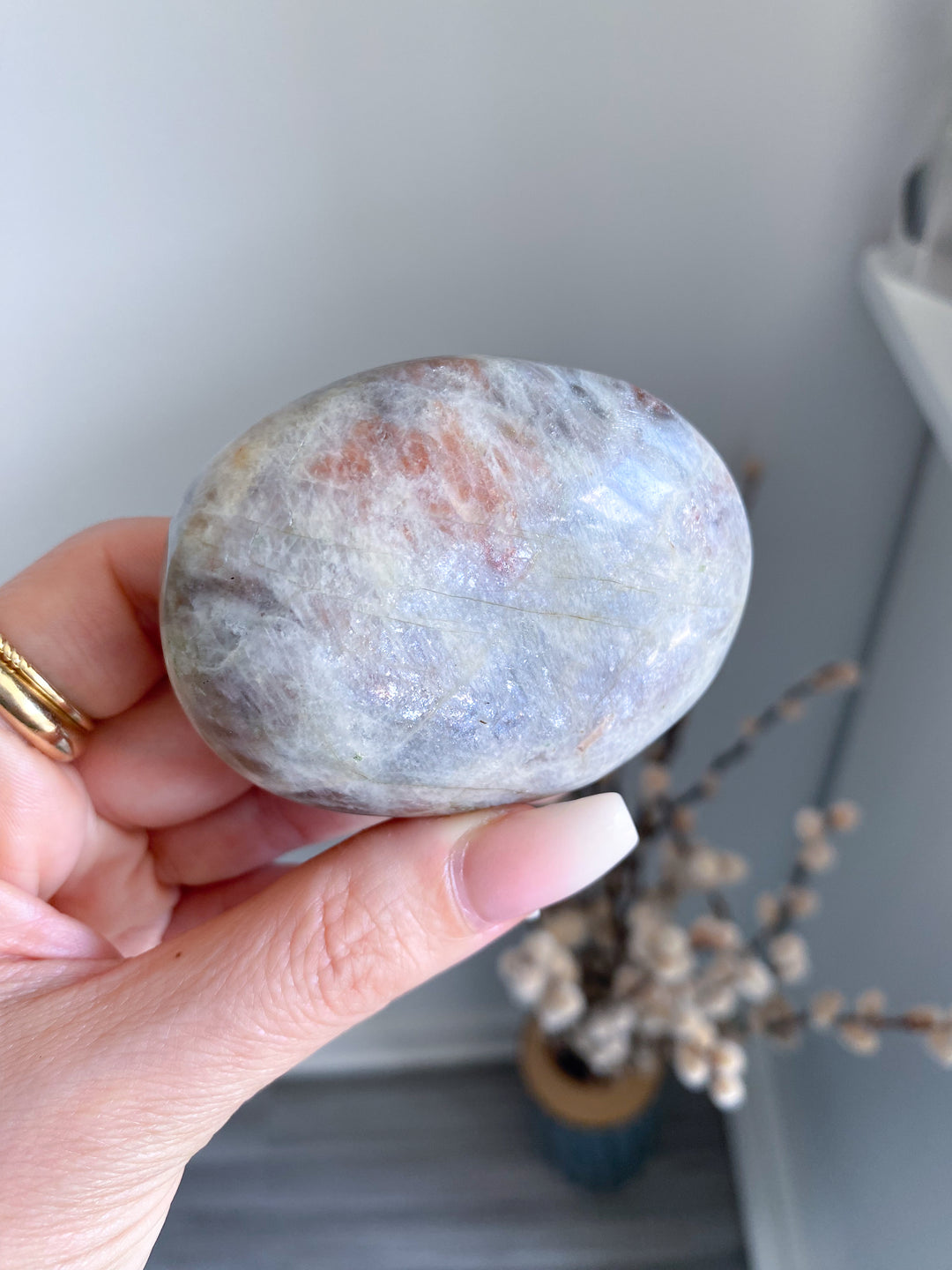 Blue Flash Moonstone with Sunstone Palm Stone #3