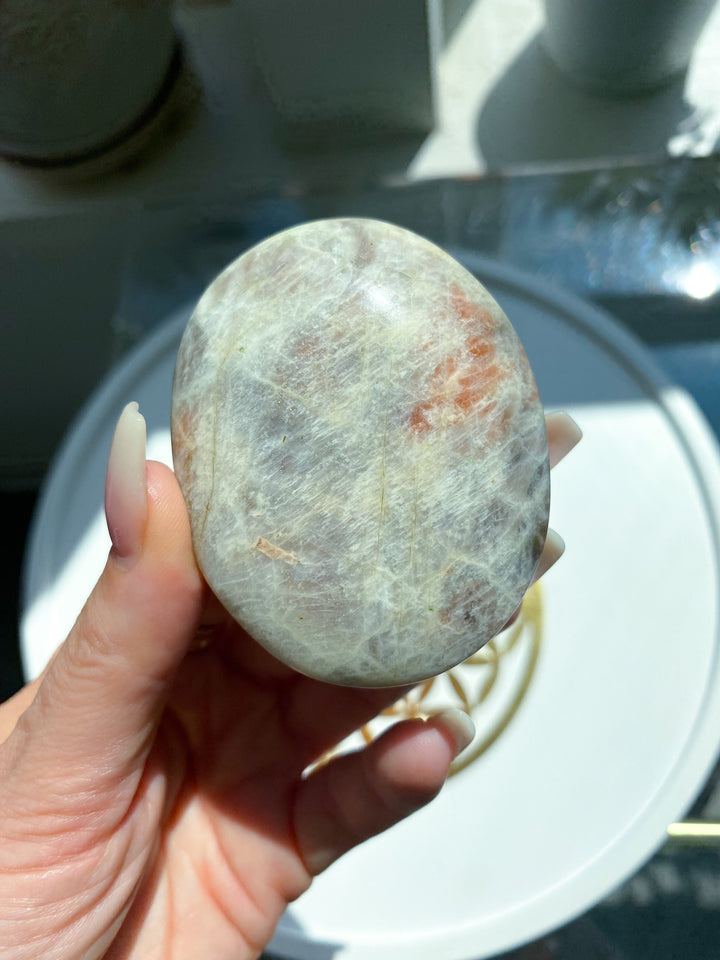 Blue Flash Moonstone with Sunstone Palm Stone #3