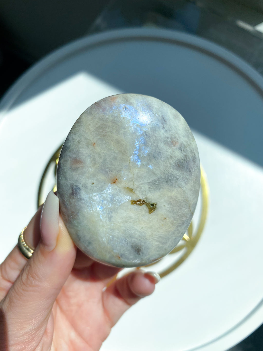 Blue Flash Moonstone with Sunstone Palm Stone #3