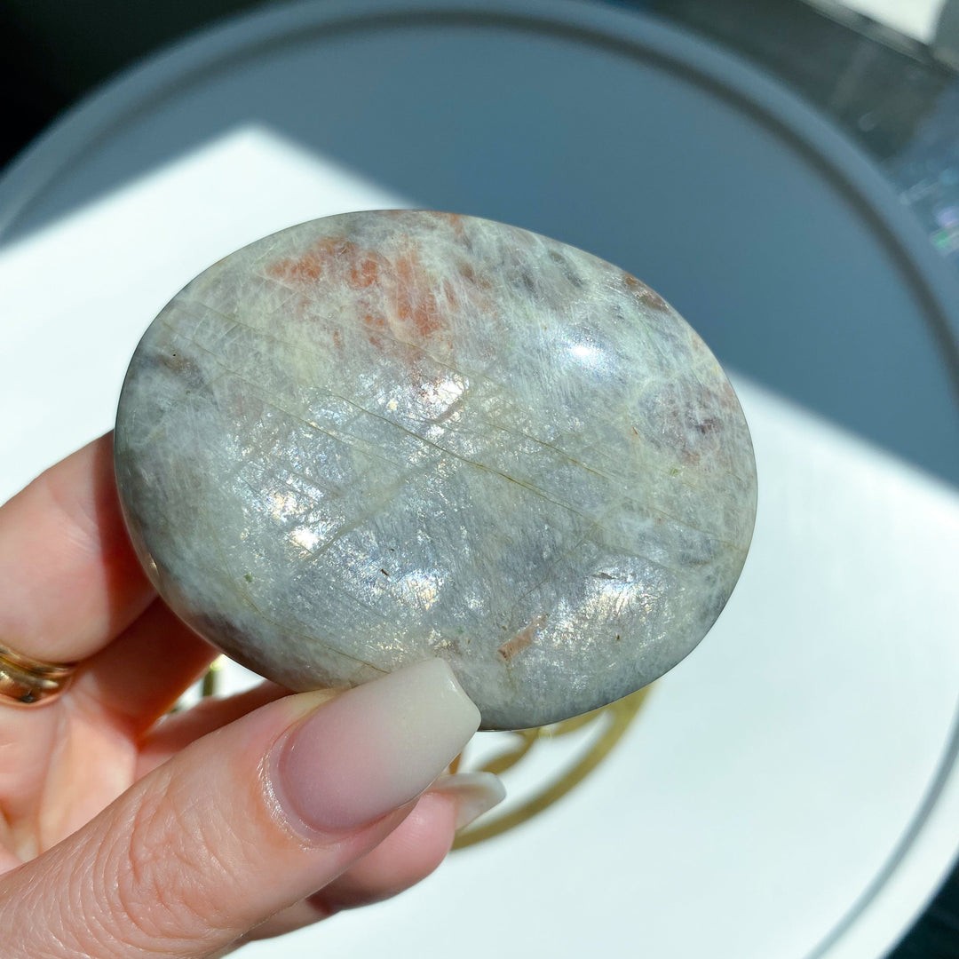 Blue Flash Moonstone with Sunstone Palm Stone #3