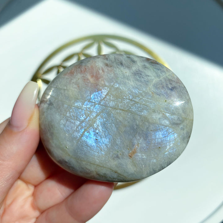 Blue Flash Moonstone with Sunstone Palm Stone #3