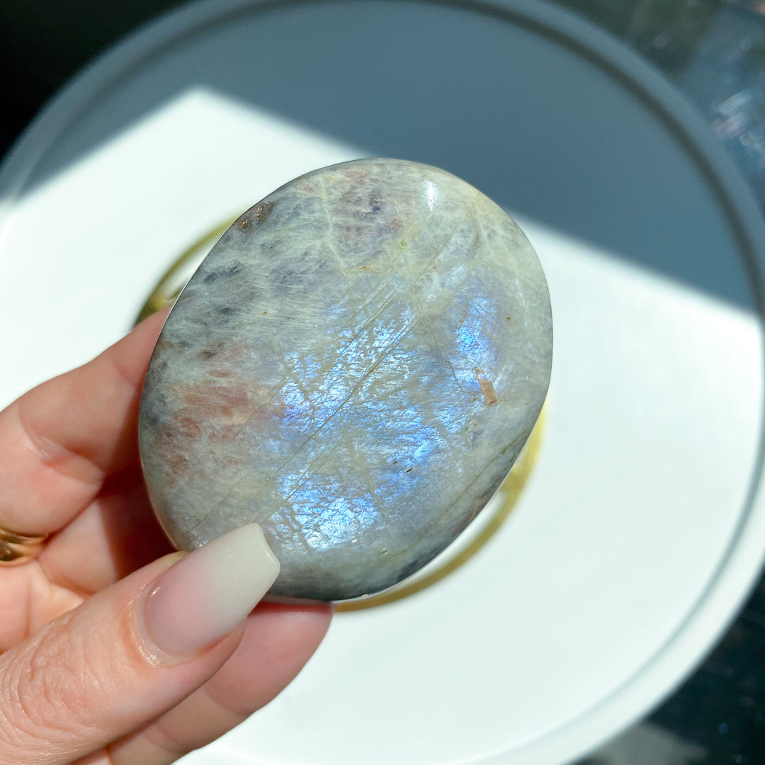 Blue Flash Moonstone with Sunstone Palm Stone #3