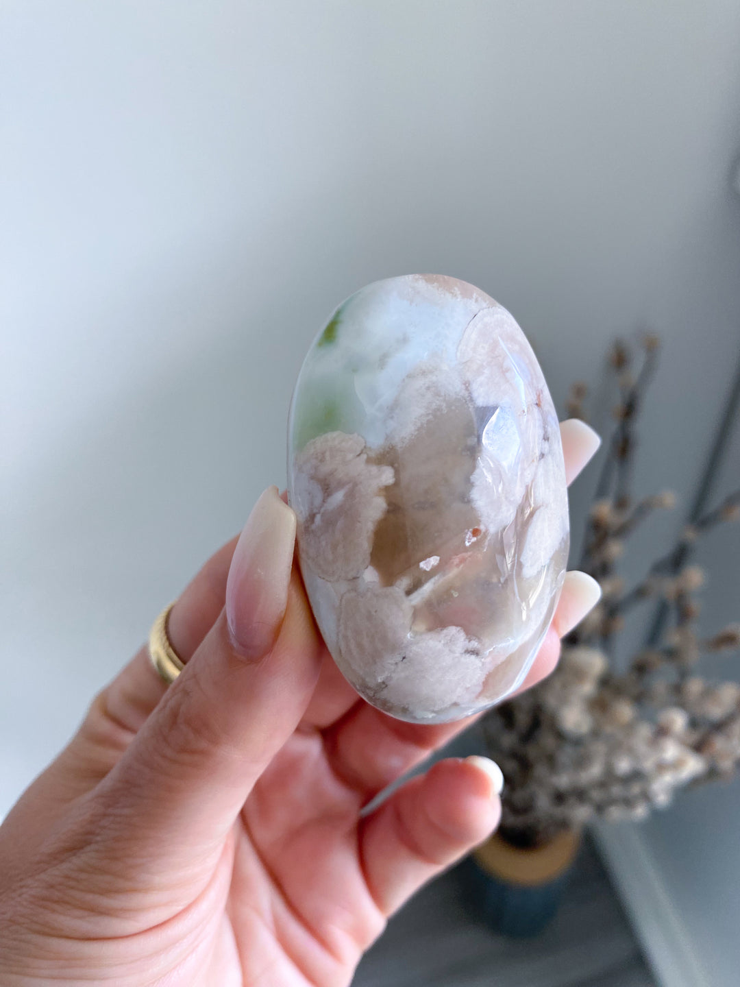 Light Pink and Green Flower Agate Palm Stone