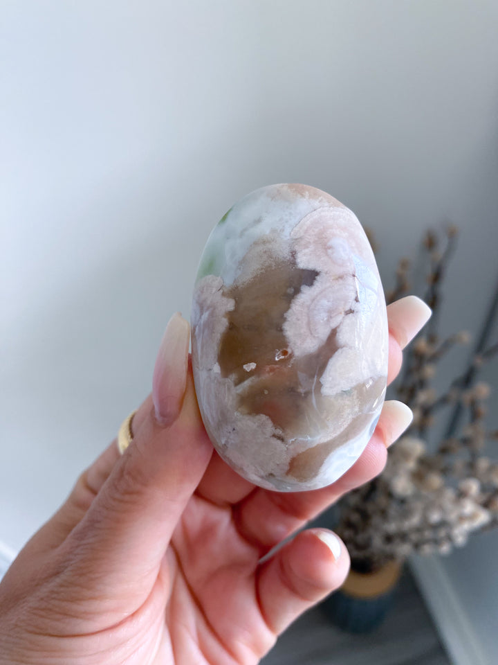 Light Pink and Green Flower Agate Palm Stone