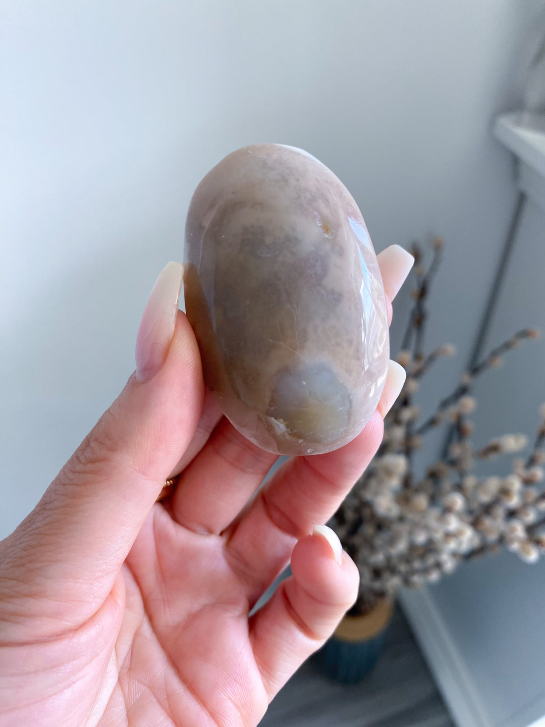 Light Pink and Green Flower Agate Palm Stone