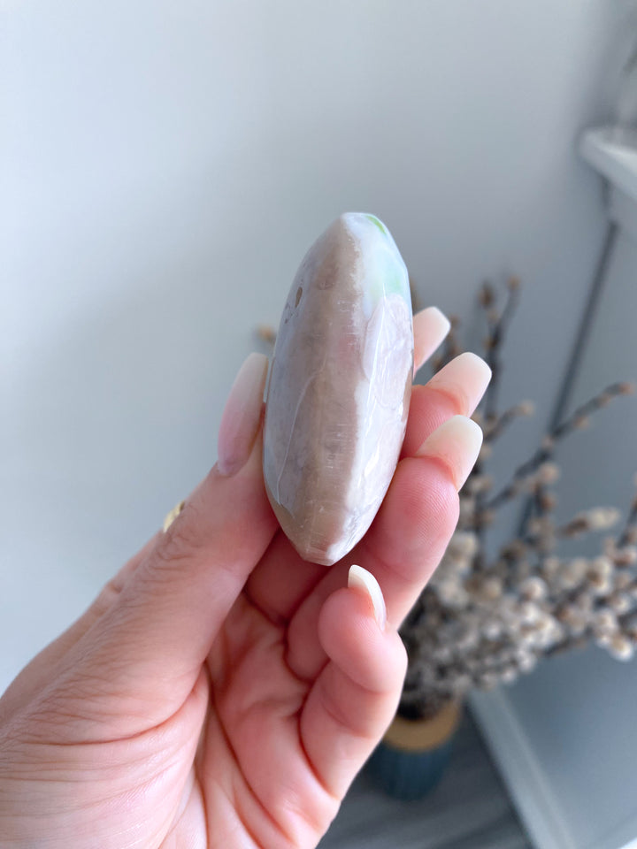 Light Pink and Green Flower Agate Palm Stone