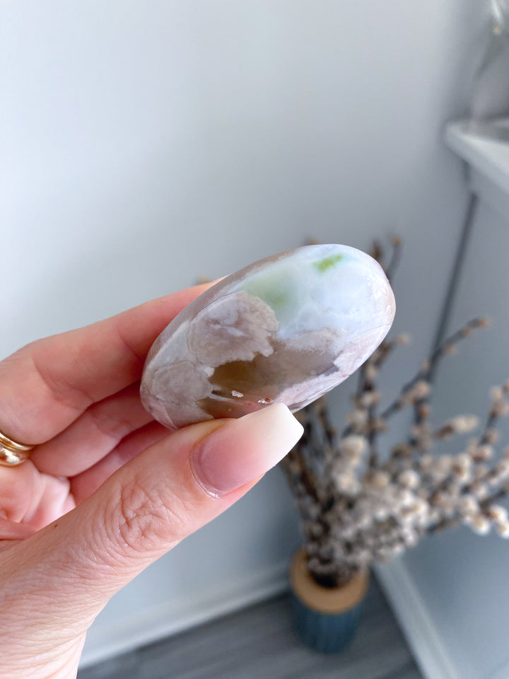 Light Pink and Green Flower Agate Palm Stone