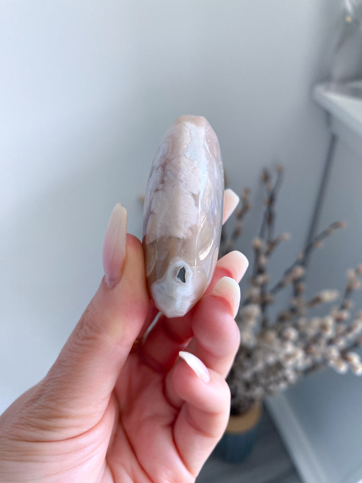 Light Pink and Green Flower Agate Palm Stone