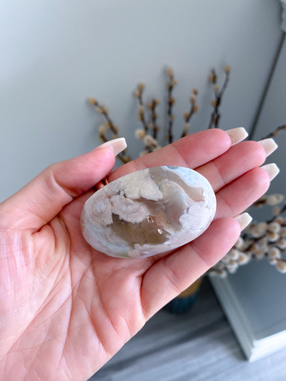 Light Pink and Green Flower Agate Palm Stone