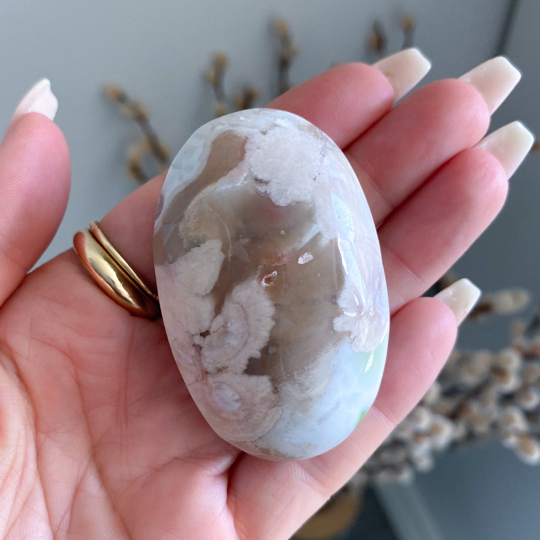 Light Pink and Green Flower Agate Palm Stone