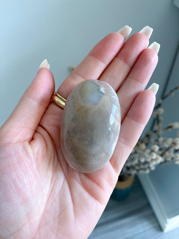 Light Pink and Green Flower Agate Palm Stone