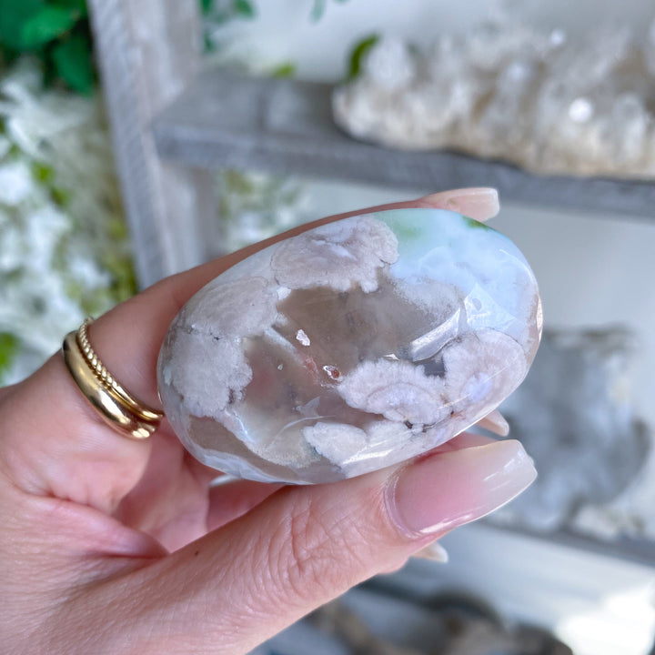 Light Pink and Green Flower Agate Palm Stone