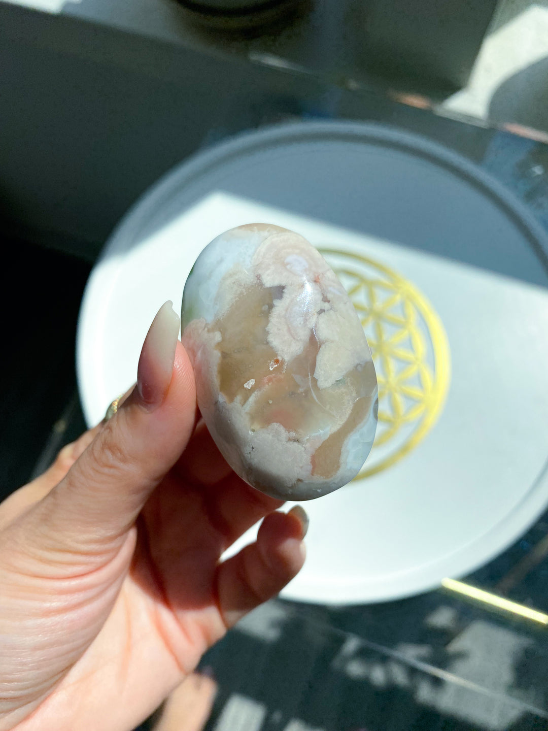 Light Pink and Green Flower Agate Palm Stone