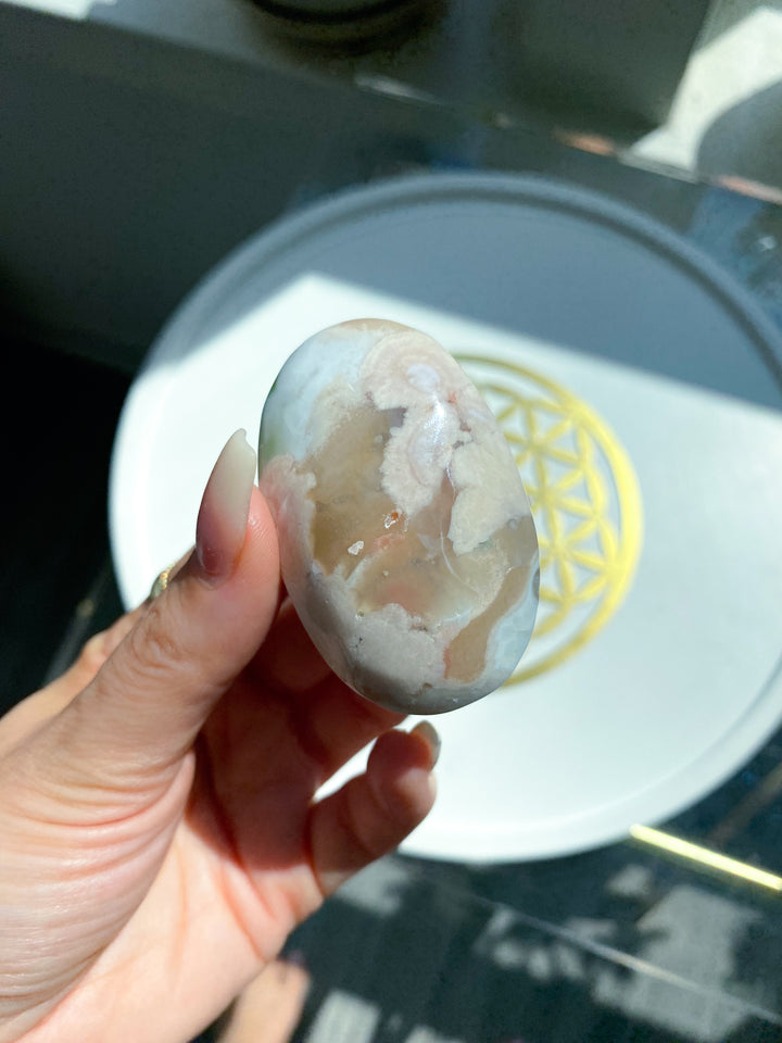 Light Pink and Green Flower Agate Palm Stone