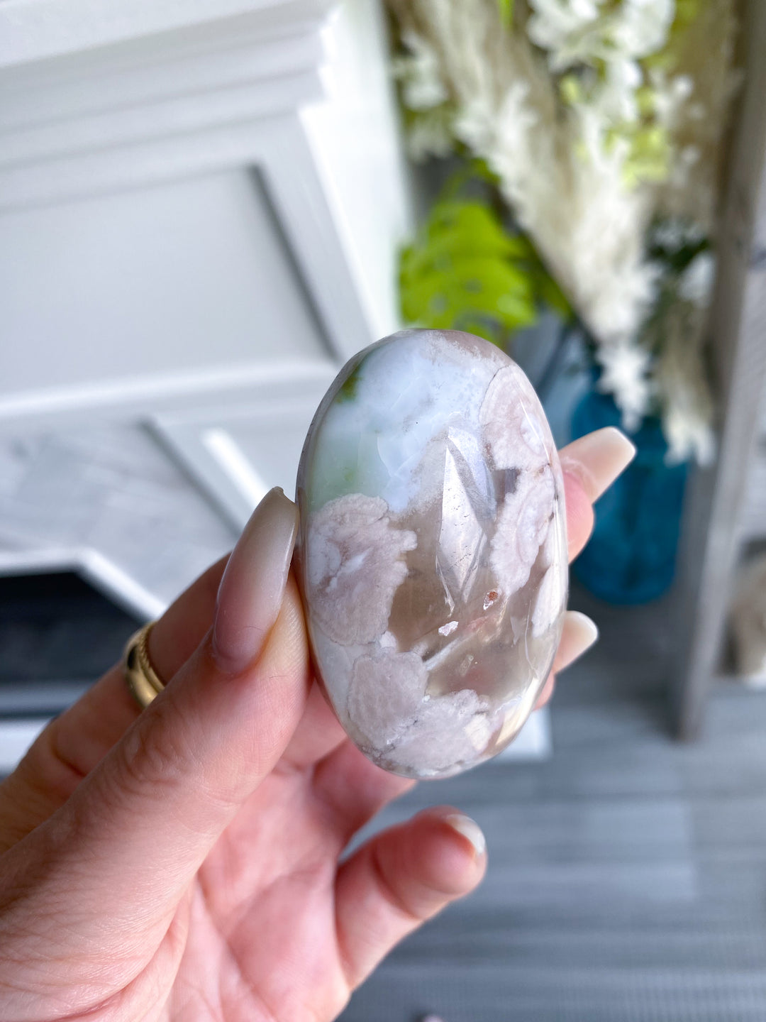 Light Pink and Green Flower Agate Palm Stone