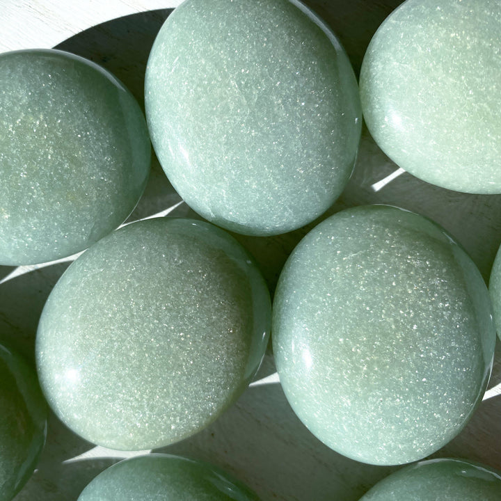 ABUNDANCE: Mica-Rich Light Green Aventurine Palm Stone