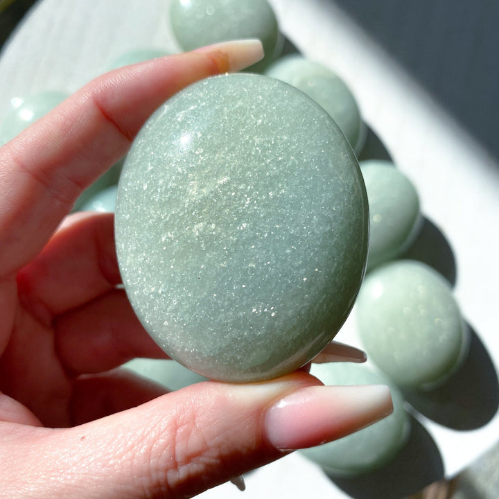 ABUNDANCE: Mica-Rich Light Green Aventurine Palm Stone