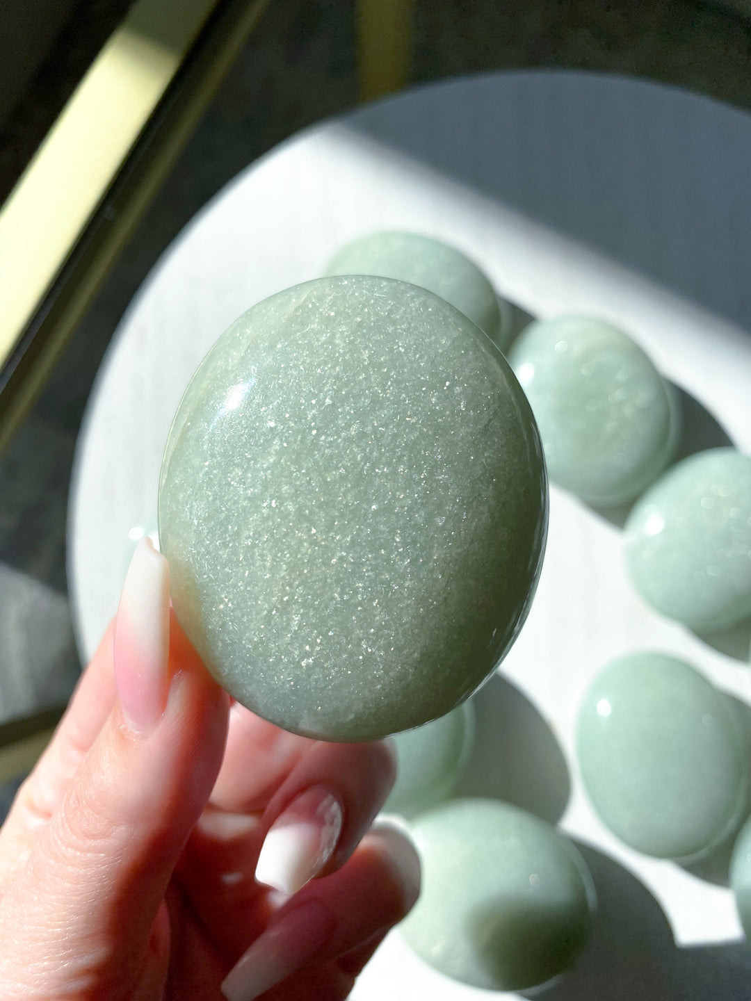 ABUNDANCE: Mica-Rich Light Green Aventurine Palm Stone