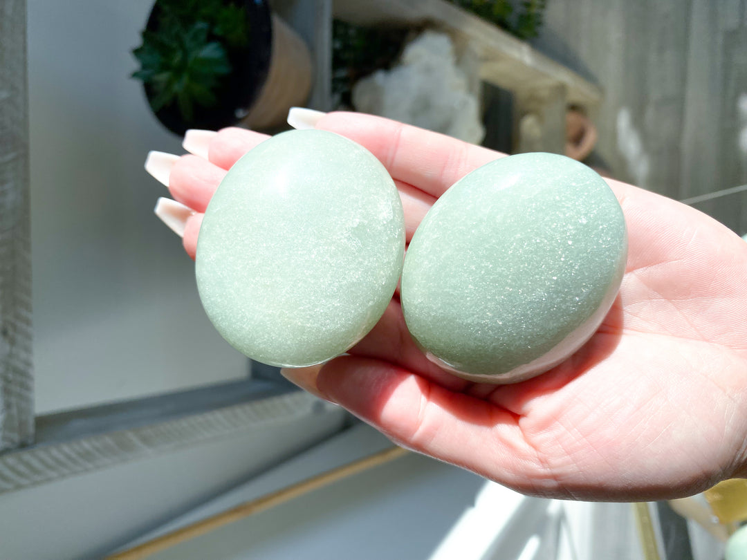 ABUNDANCE: Mica-Rich Light Green Aventurine Palm Stone