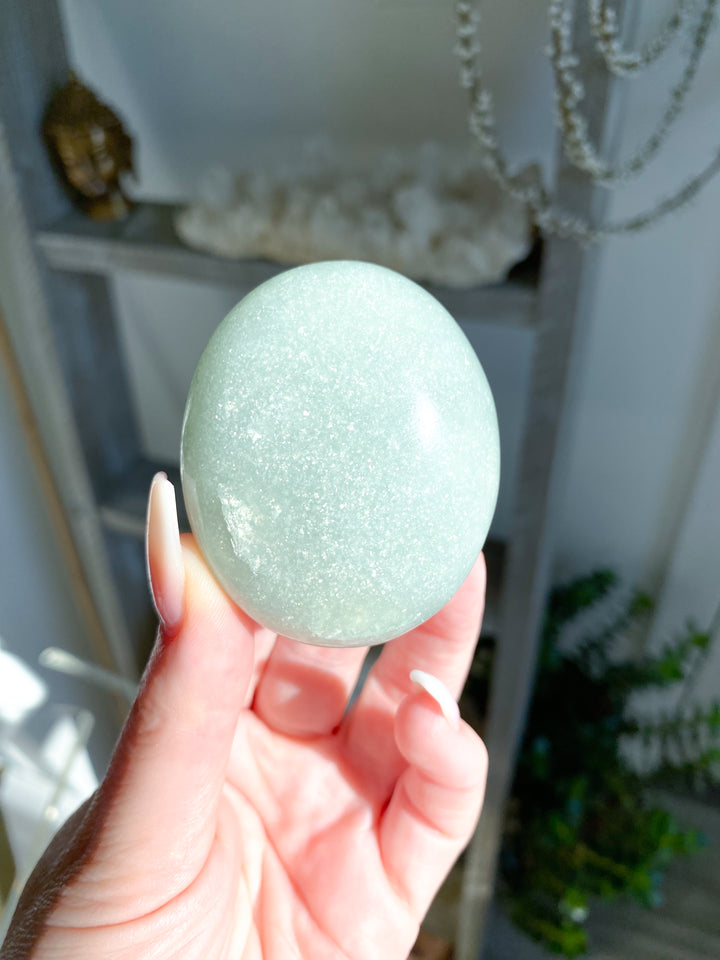 ABUNDANCE: Mica-Rich Light Green Aventurine Palm Stone