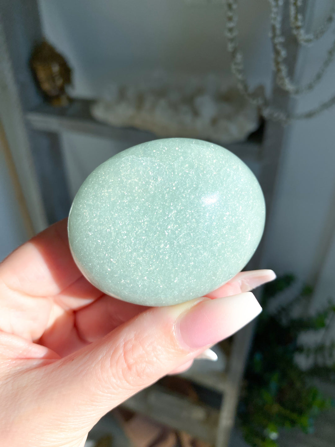 ABUNDANCE: Mica-Rich Light Green Aventurine Palm Stone