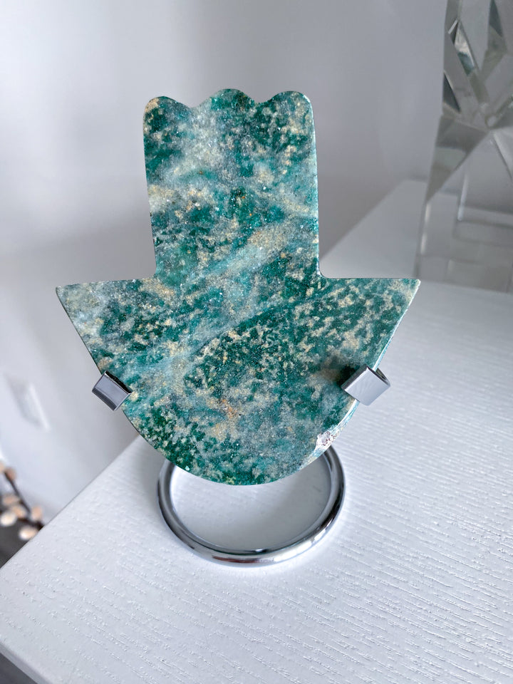 Green Aventurine Hamsa Carving with Stand